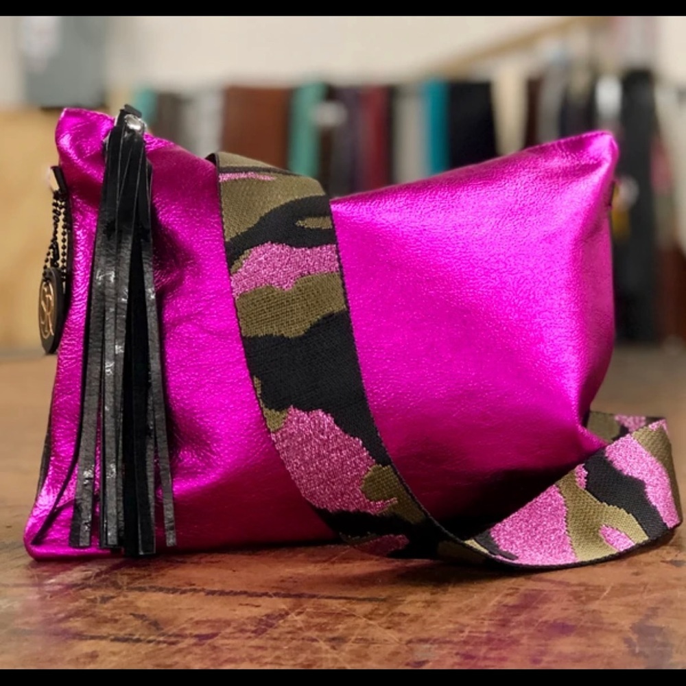 Fuchsia Metallic Crossbody Bag with Patterned Strap